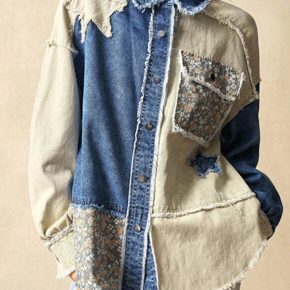 Multicolor Casual Women's Woven Patchwork Long Sleeve Loose Jacket Clothes - Picture 5 of 8